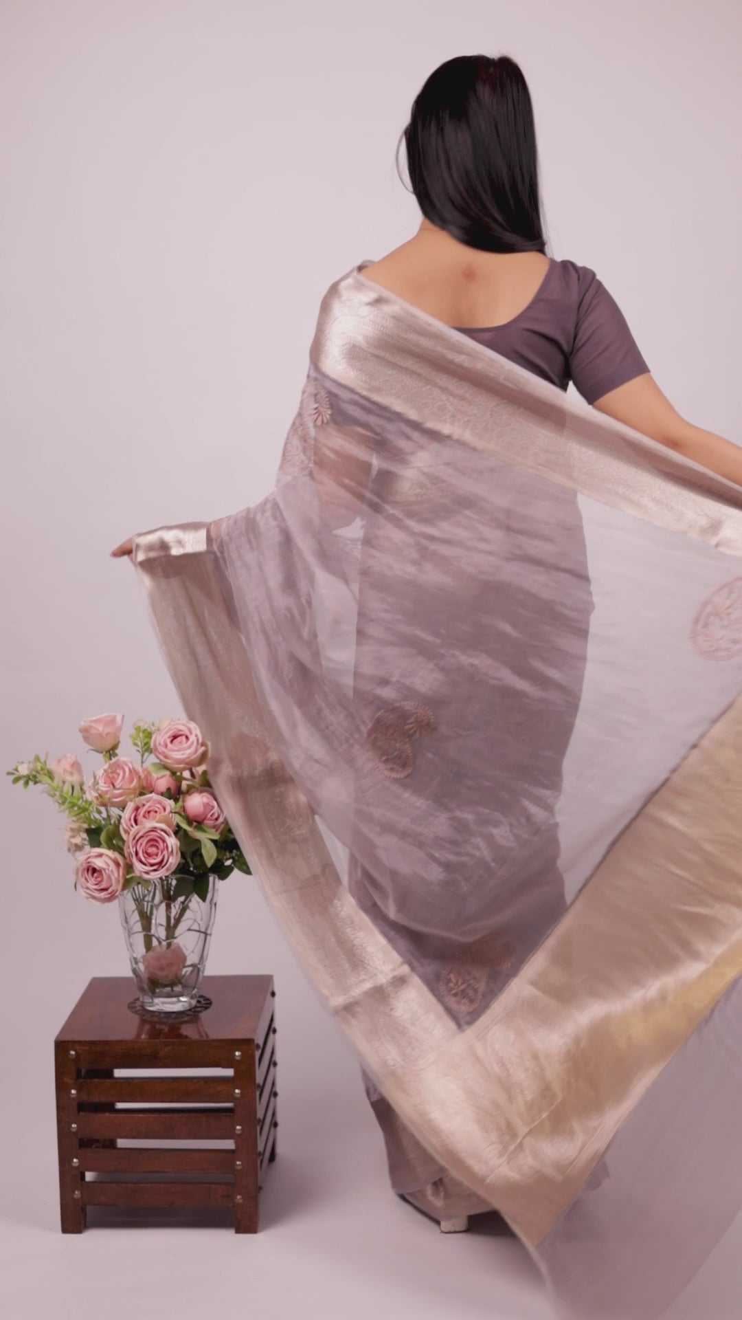Chitralekha | Grey Rose Gold Benarsi Tissue Silk Chikankari Saree