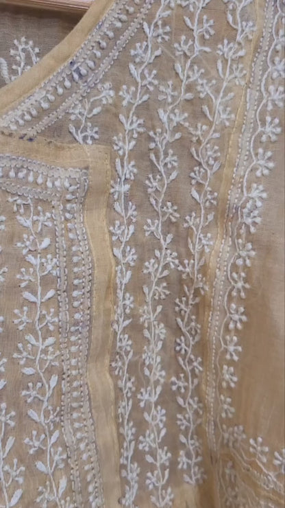 Chanderi Tissue Pure Silk Semi Stitch Chikankari Angarkha Kurta fabric and Dupatta-Dyeable