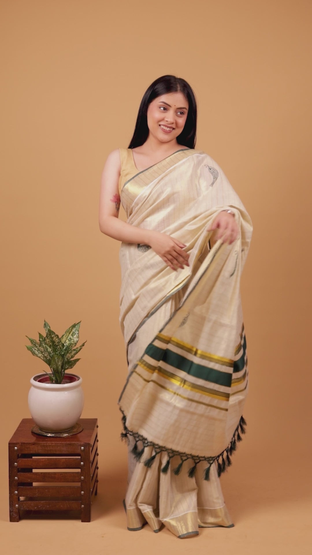 Chitralekha | Off white Green Onam  Pattu Silk Kasavu Border Chikankari Saree