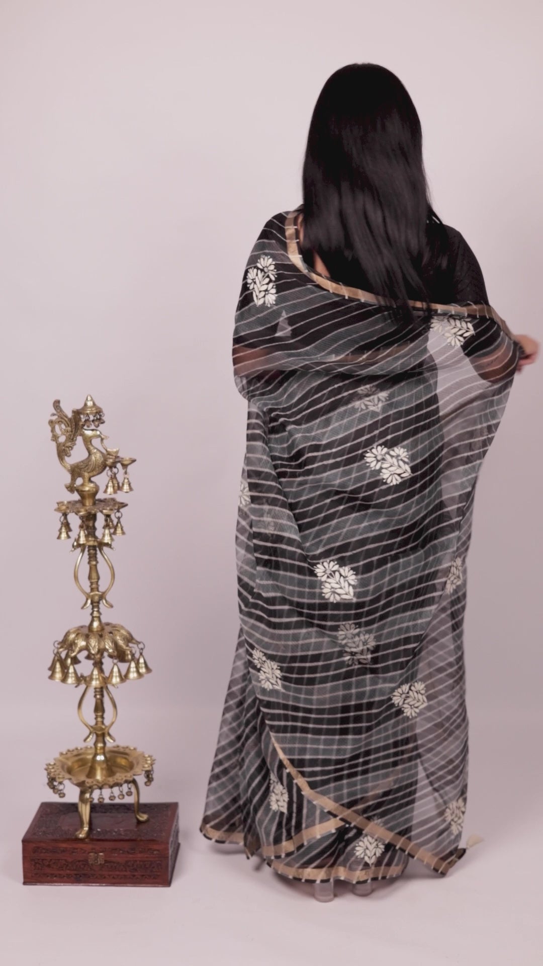 Surmayi | Midnight Black Kota silk Leheriya Chikankari Saree