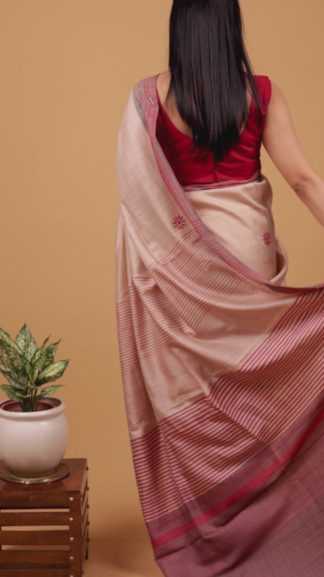 Urvashi | Coral Peach Tussar Moonga Silk Chikankari Saree
