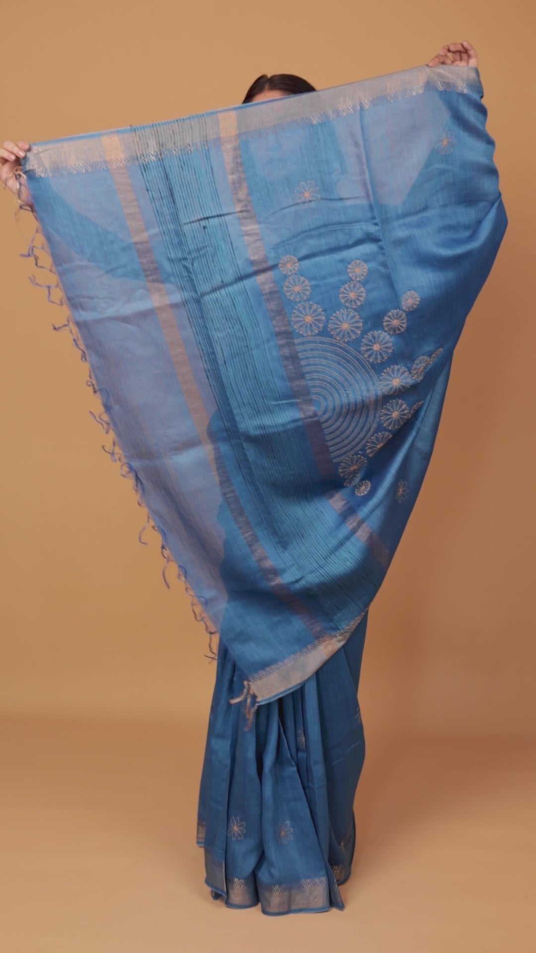 Urvashi | Copper Blue Moonga Silk Chikankari Saree