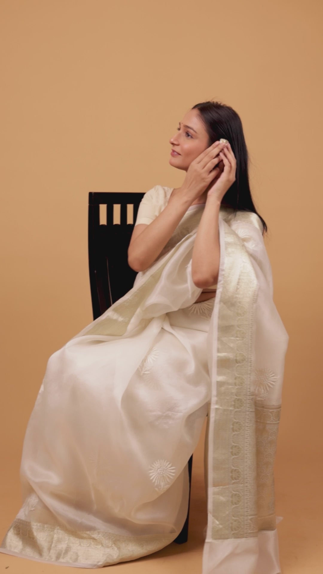Chitralekha | Ivory Antique Gold Benarsi Organza Silk Chikankari Saree