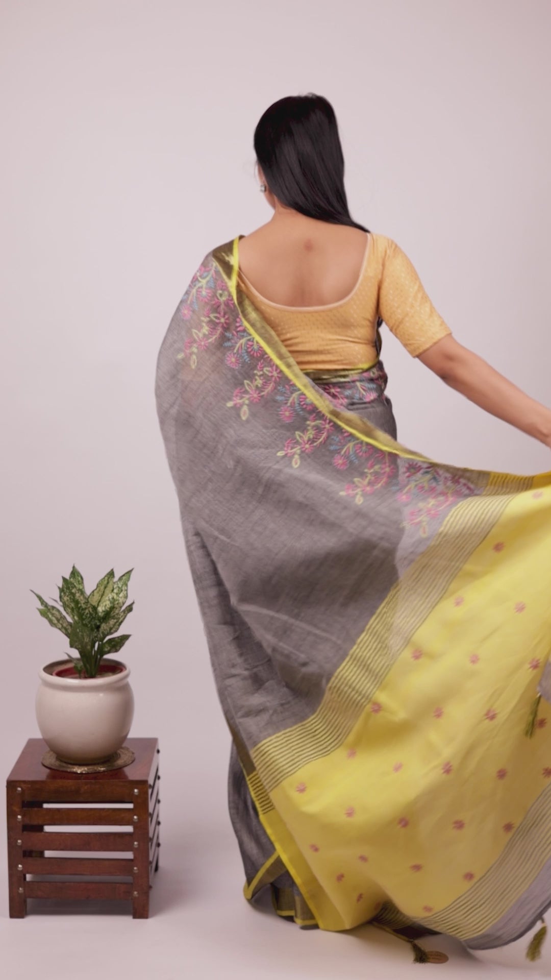 Vidushi | Grey Yellow Linen Saree with Chikankari Embroidery