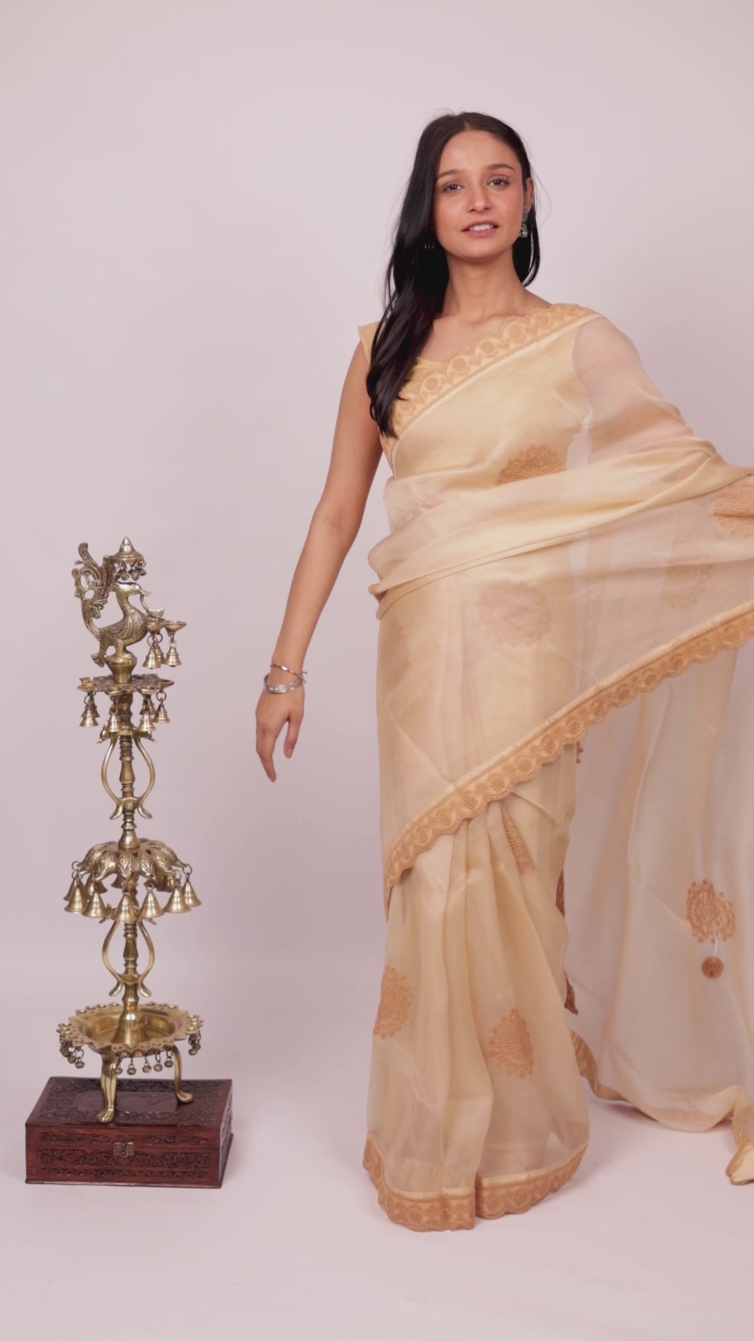Urvashi | Latte Beige Organza Silk Saree with intricate Chikankari