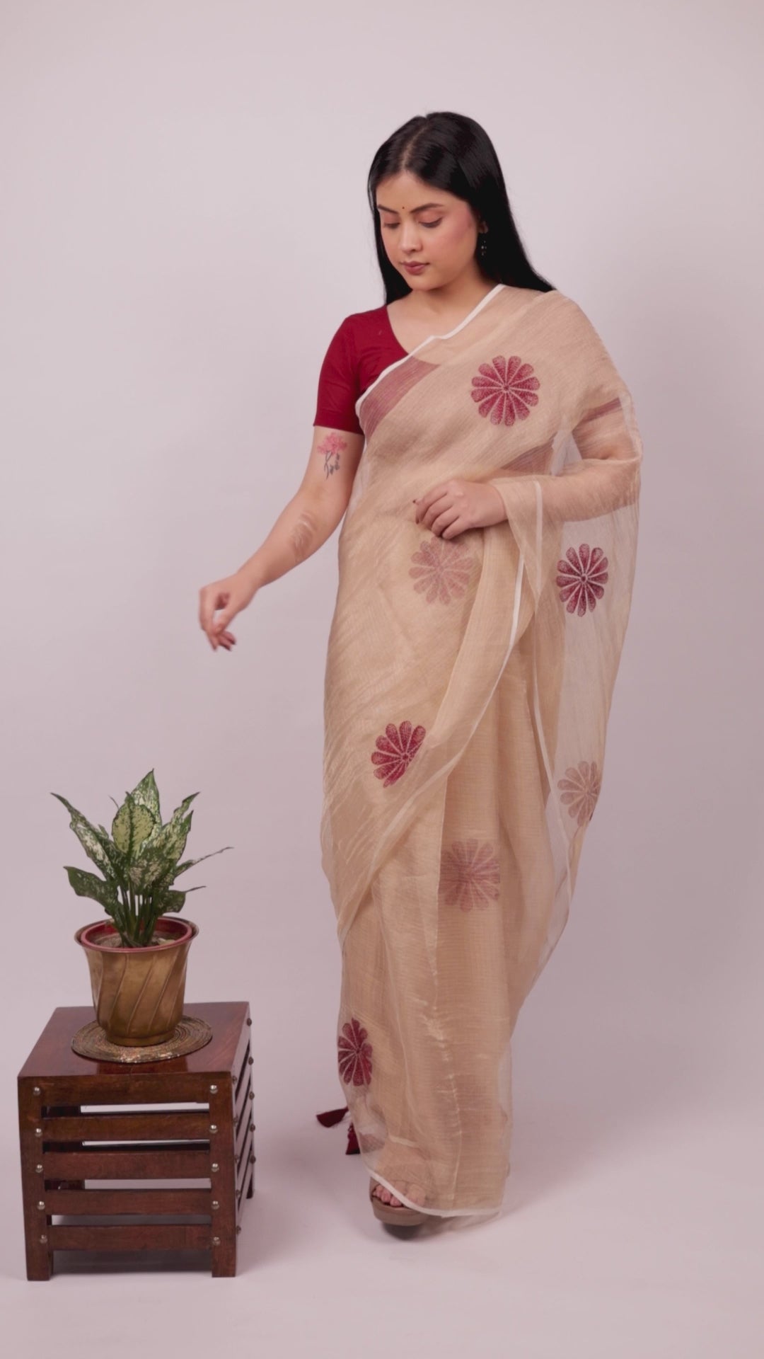 Surmayi | Almond Beige Kota Tissue Chikankari Saree