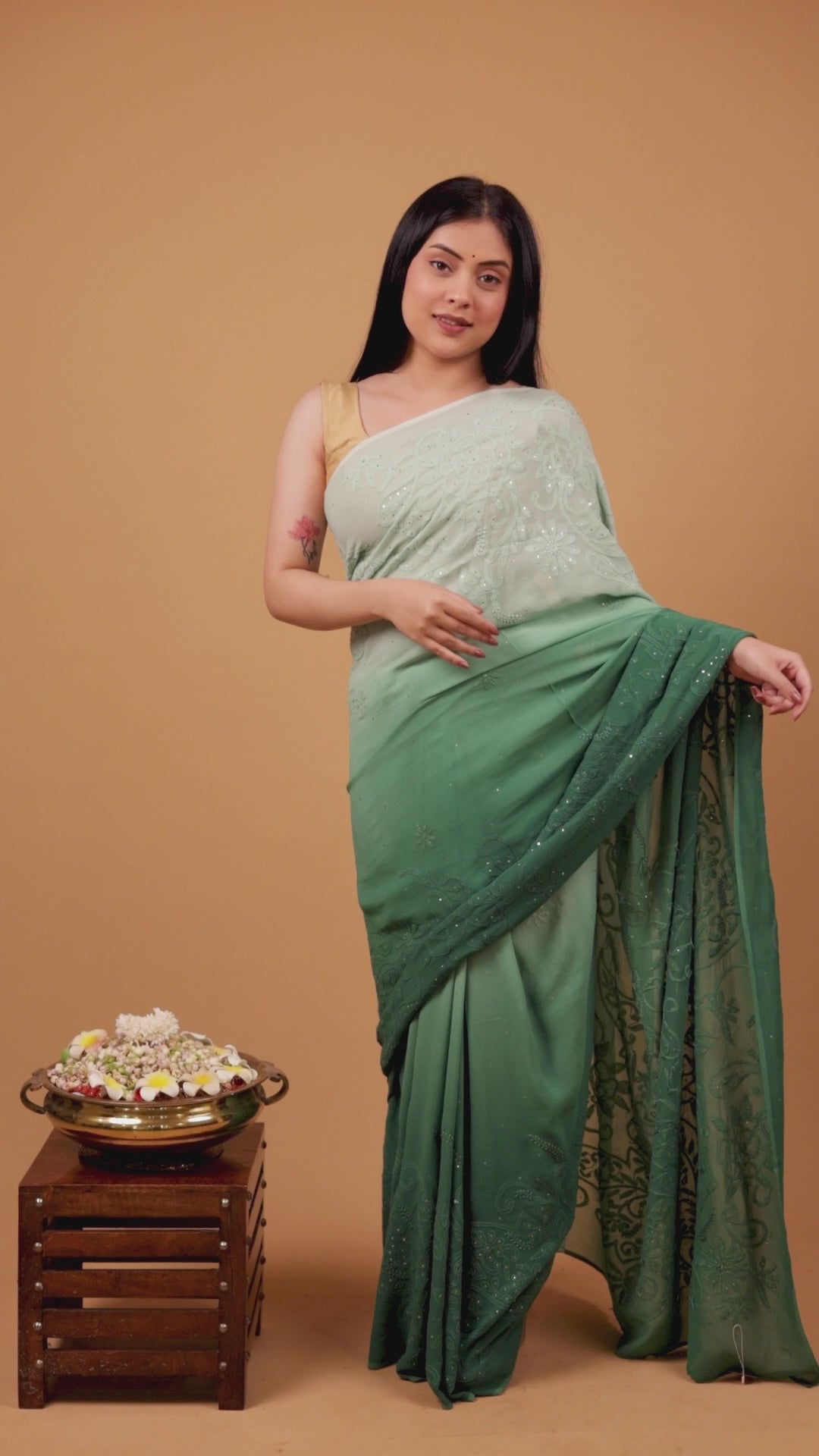 Chitralekha | Fern Green Viscose Georgette Chikankari Ombre Saree