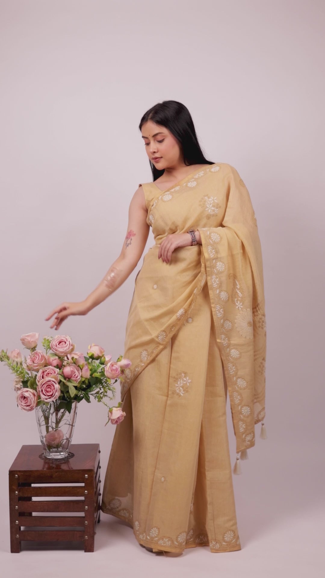 Urvashi | Desert Beige Chanderi Tissue Silk Chikankari Saree