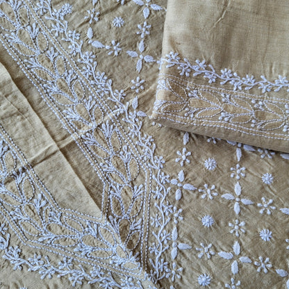 Moonga Silk Mens Chikankari Kurta Fabric with all over embroidery (dyeable )
