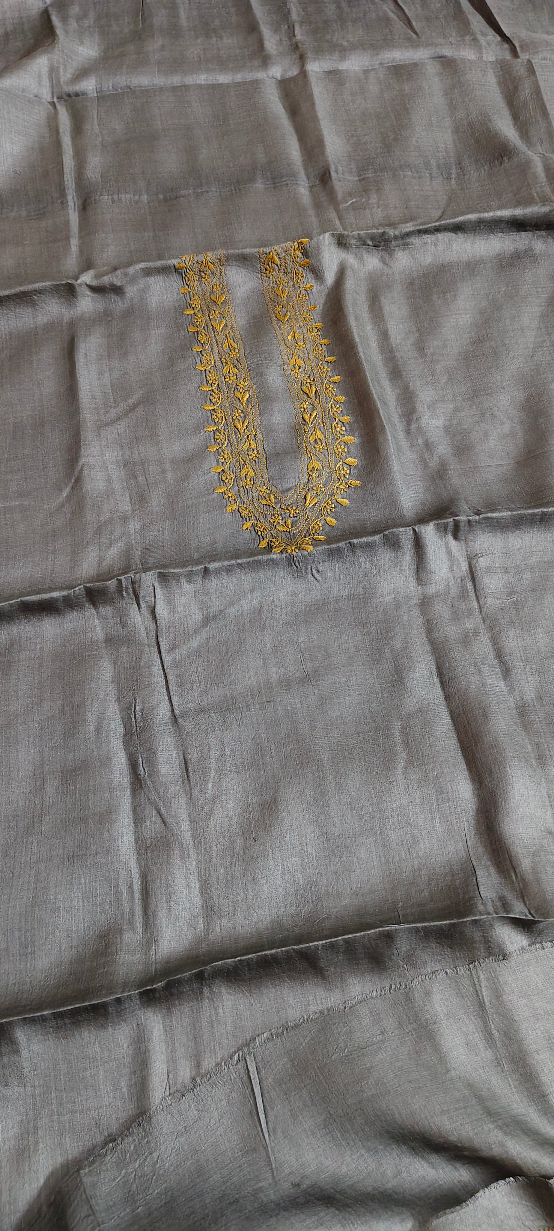 Agastya | Unstitched Tussar Silk Chikankari Kurta Fabric- Steel Grey