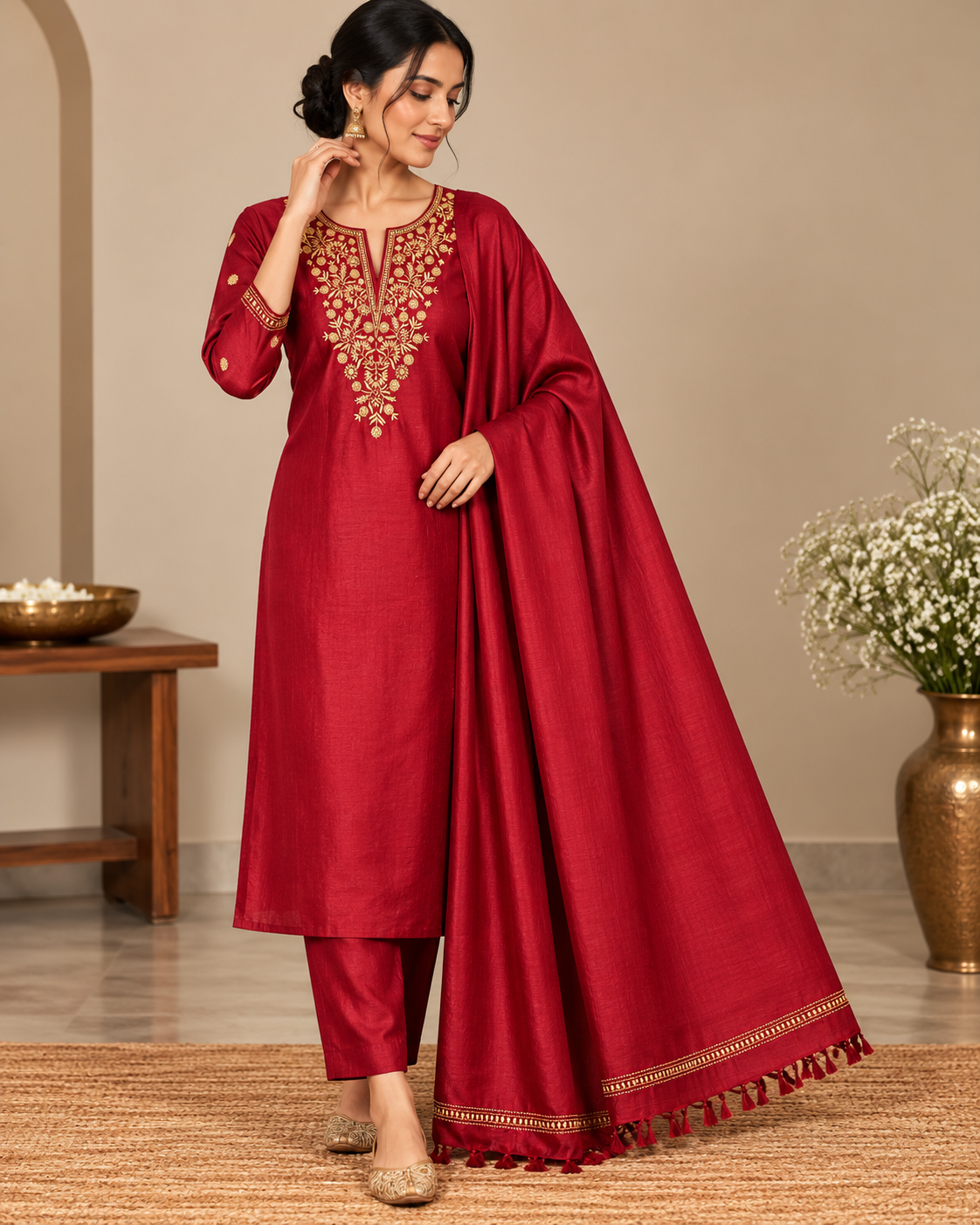 Red Tussar Silk | Chikankari Kurta-Dupatta Fabric Set
