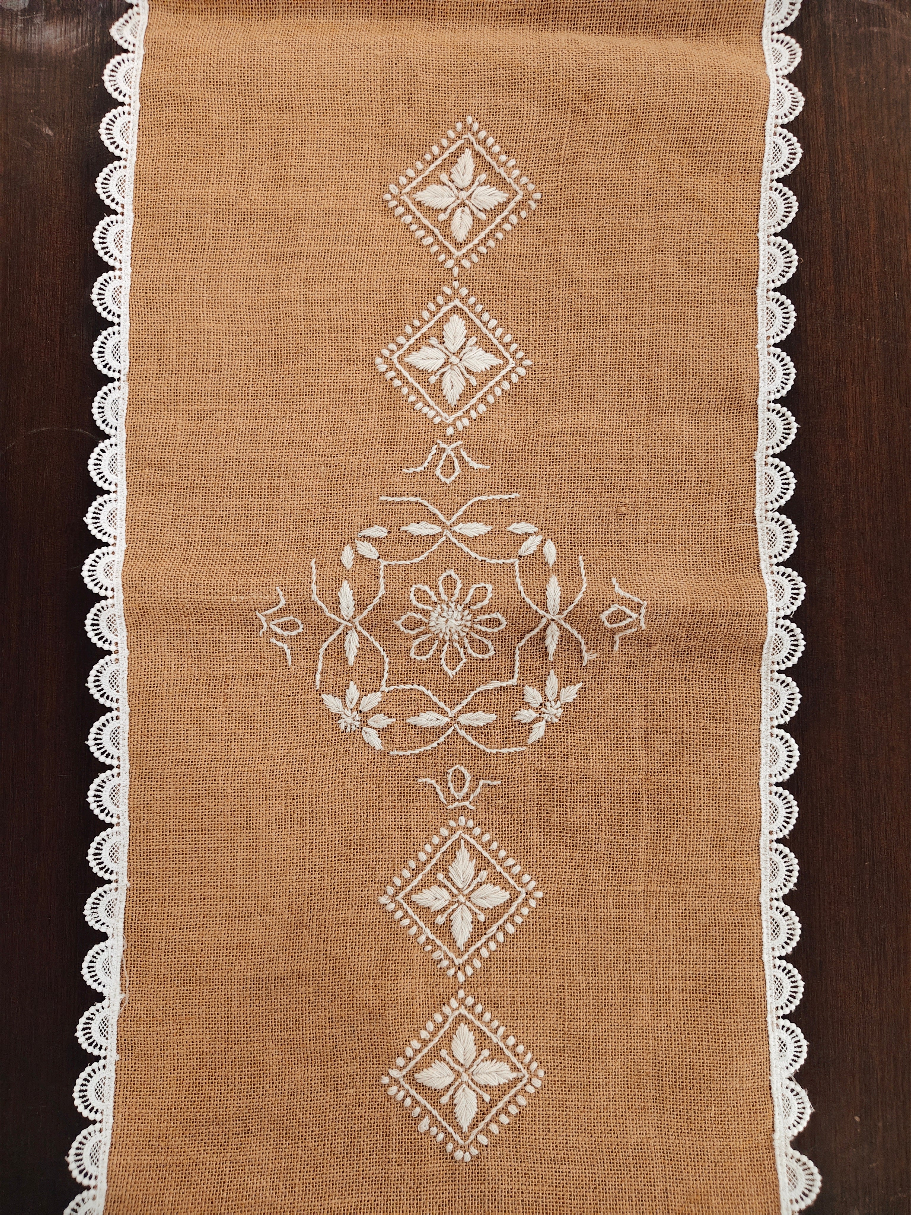 Burlap Jute Chikankari Table Runner with Lace Detailing