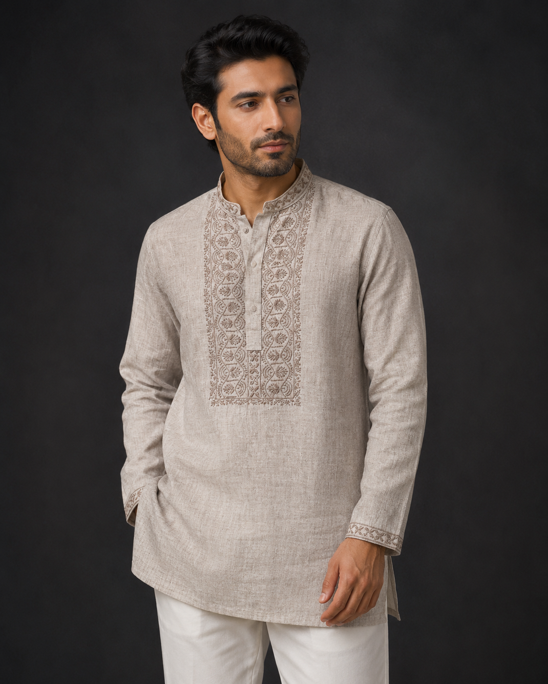 Men’s Beige Linen Chikankari Short Kurta