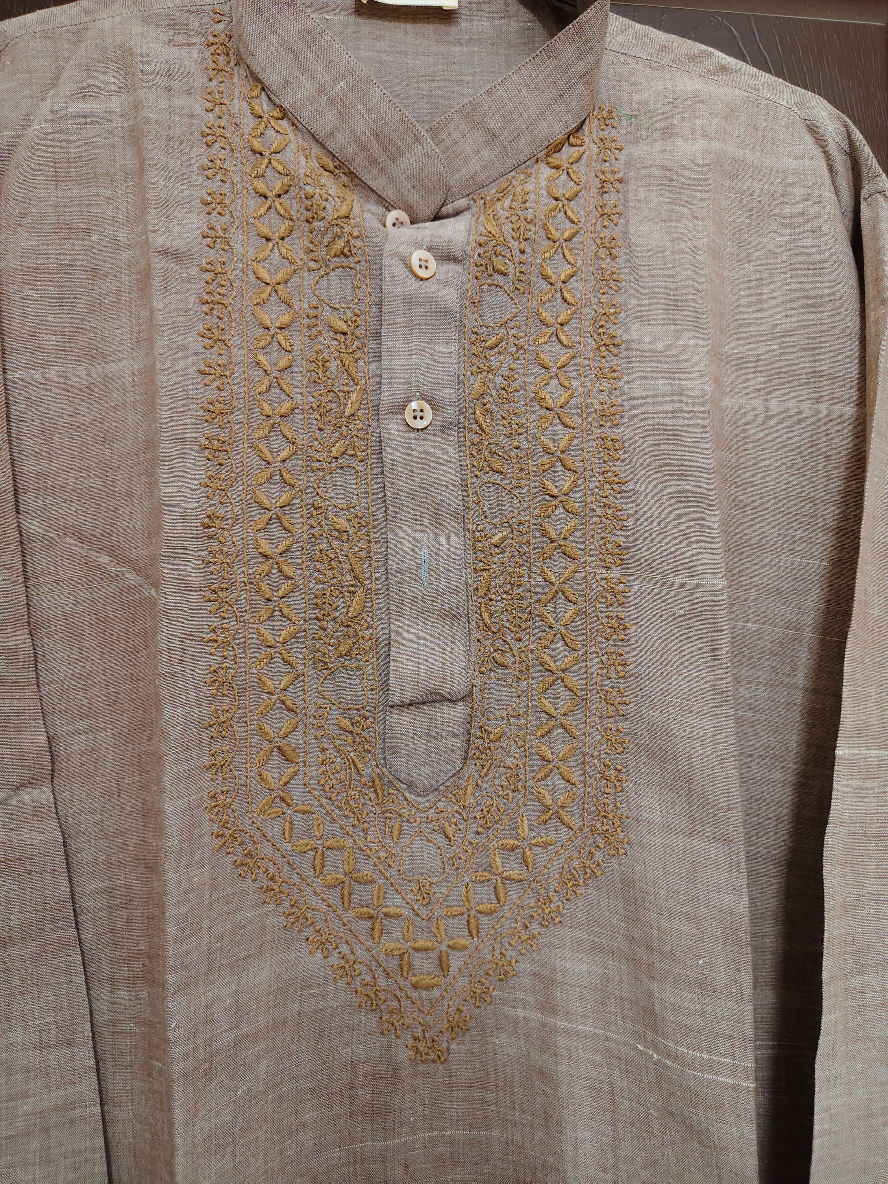 Agastya | Matka Cotton Chikankari Long Kurta- Parchment Beige