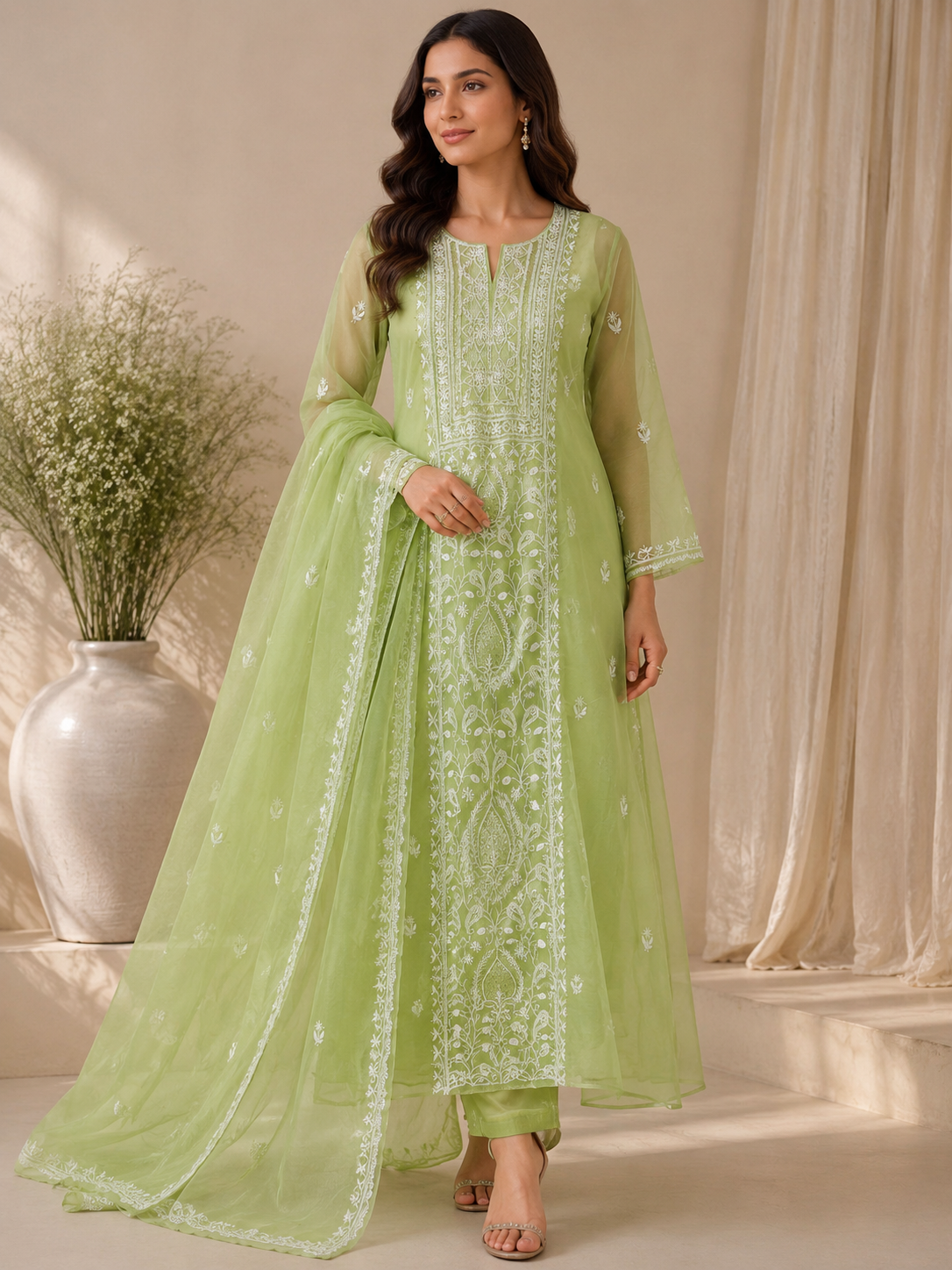 Unstitched Kurta Dupatta Fabric | Pure Organza | Apple Green