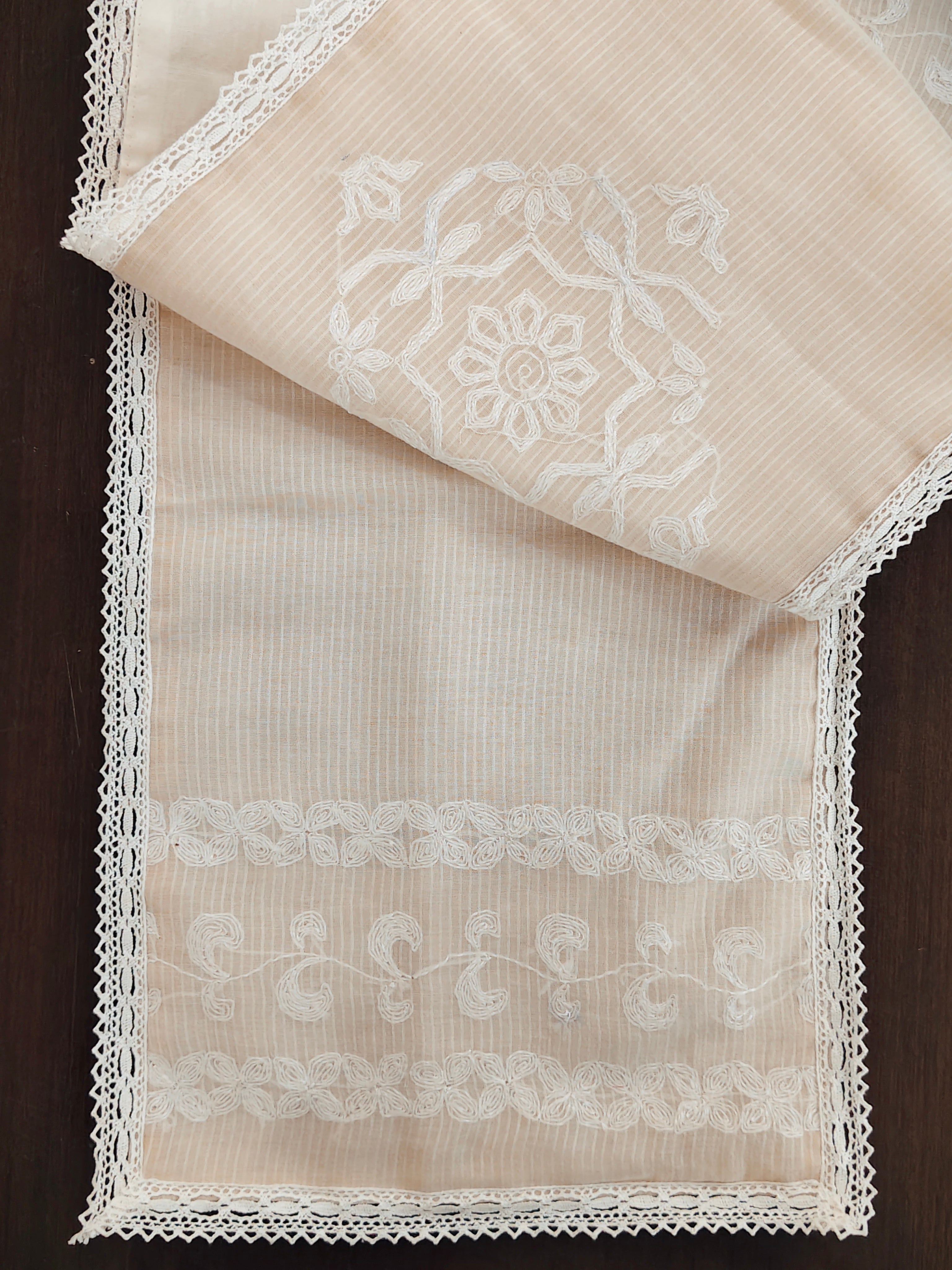 Mul Chanderi Chikankari Table Runner with lace Off white