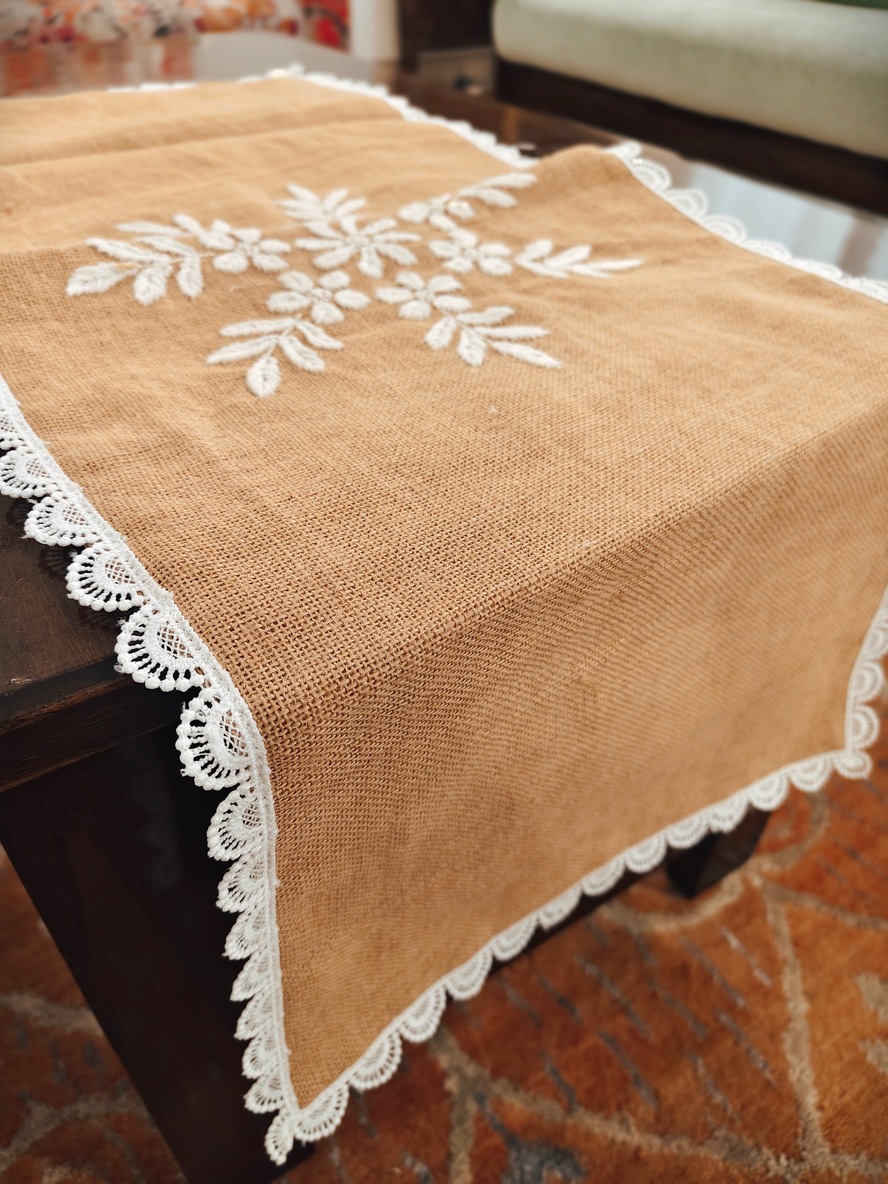 Burlap Jute Chikankari Table Runner with Lace Work