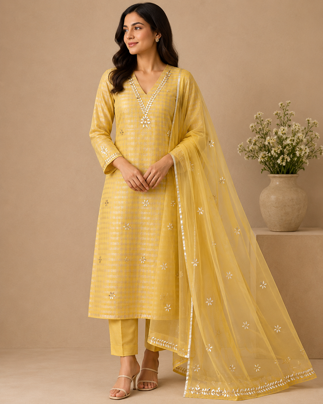 Unstitched Kurta Dupatta Fabric | Chanderi Tissue | Yellow