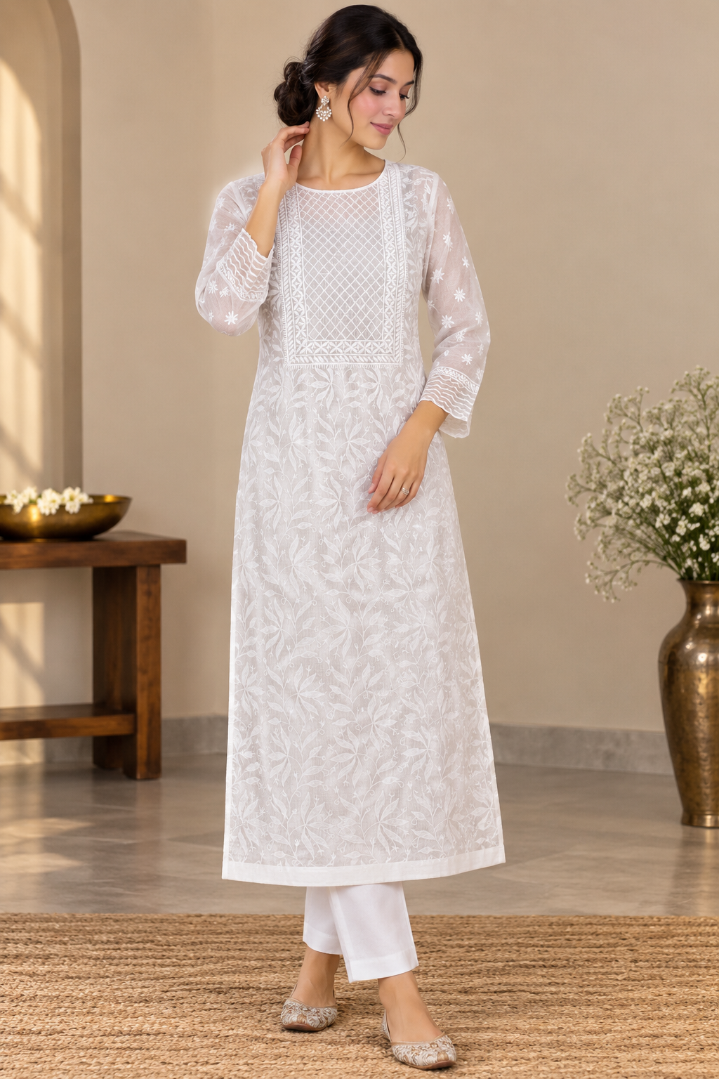 White Kota Doria | Chikankari Kurta Fabric- Dyeable