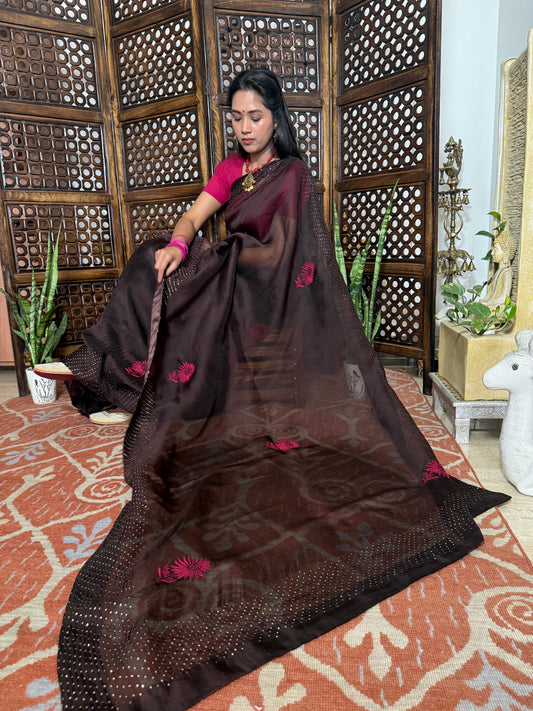 Organza Silk Chikankari Saree (Coke )with Mukeish border