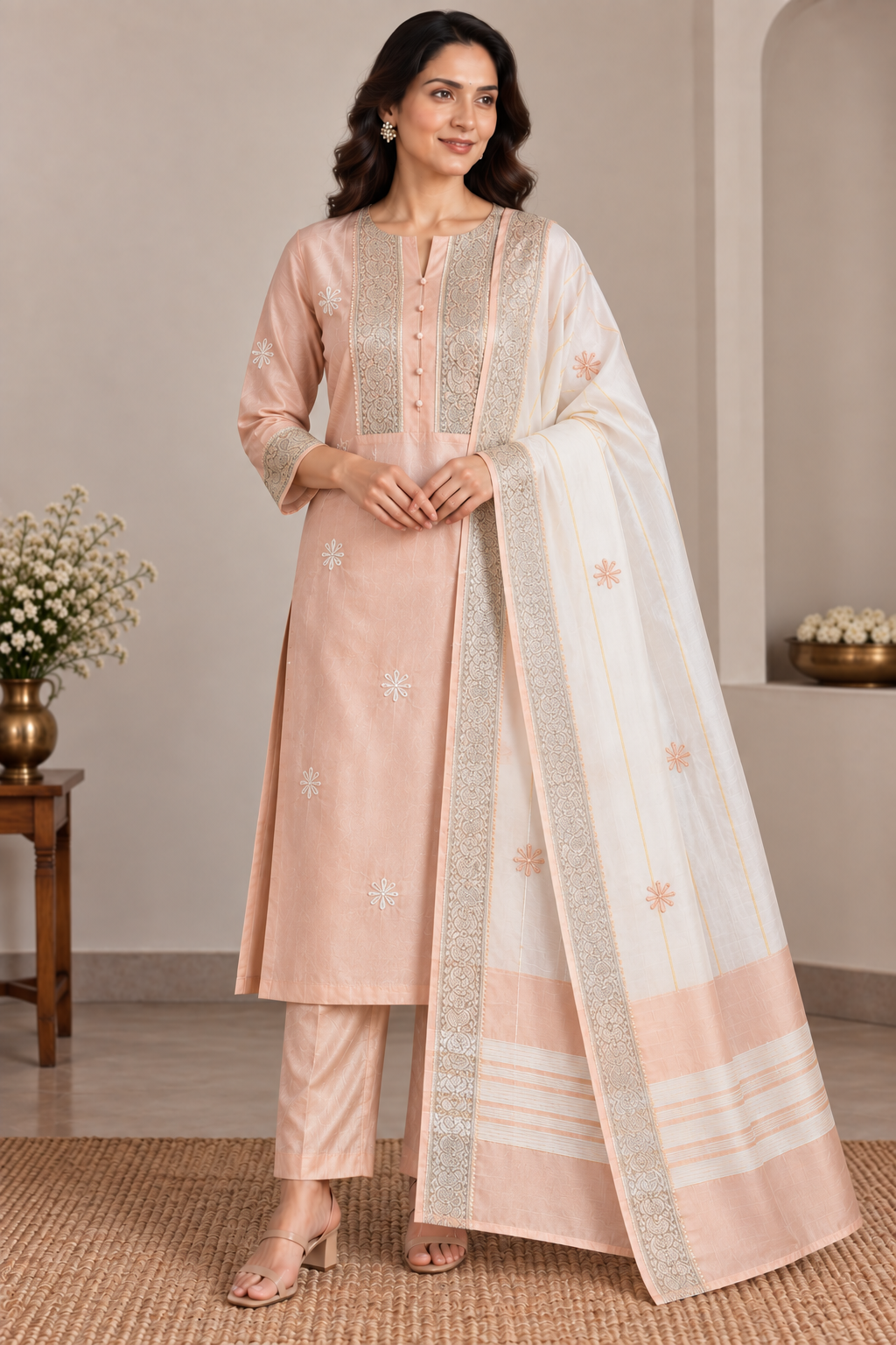 Peach Pattu Silk | Chikankari Kurta-Dupatta Fabric Set