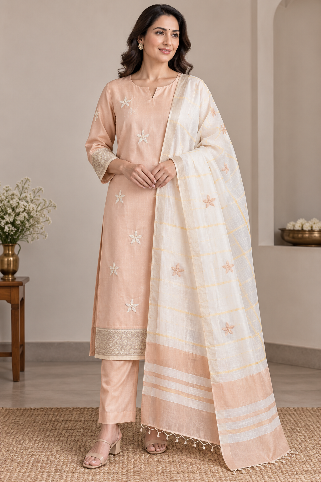 Peach Pattu Silk | Chikankari Kurta-Dupatta Fabric Set