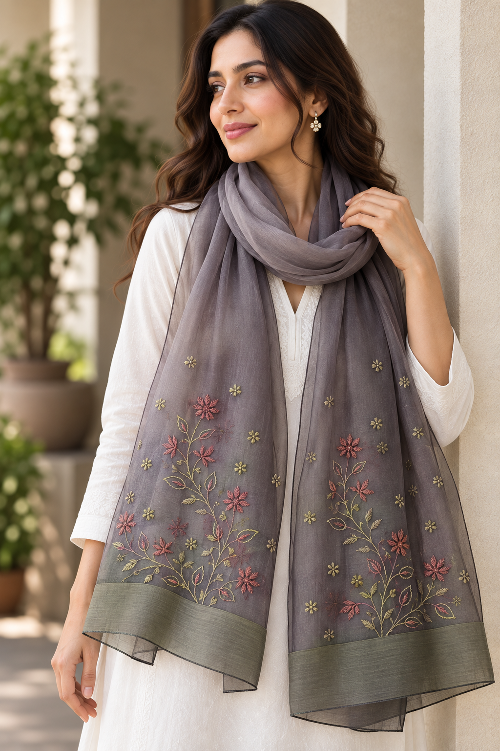 Grey | Organza Moonga Silk | Chikankari Stole
