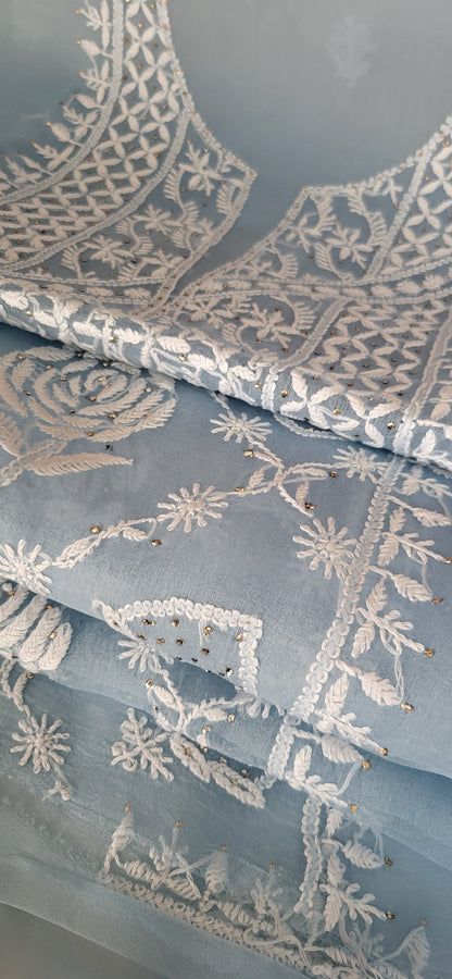 Pure Organza Silk Kurta Fabric along with Dupatta - Powder blue