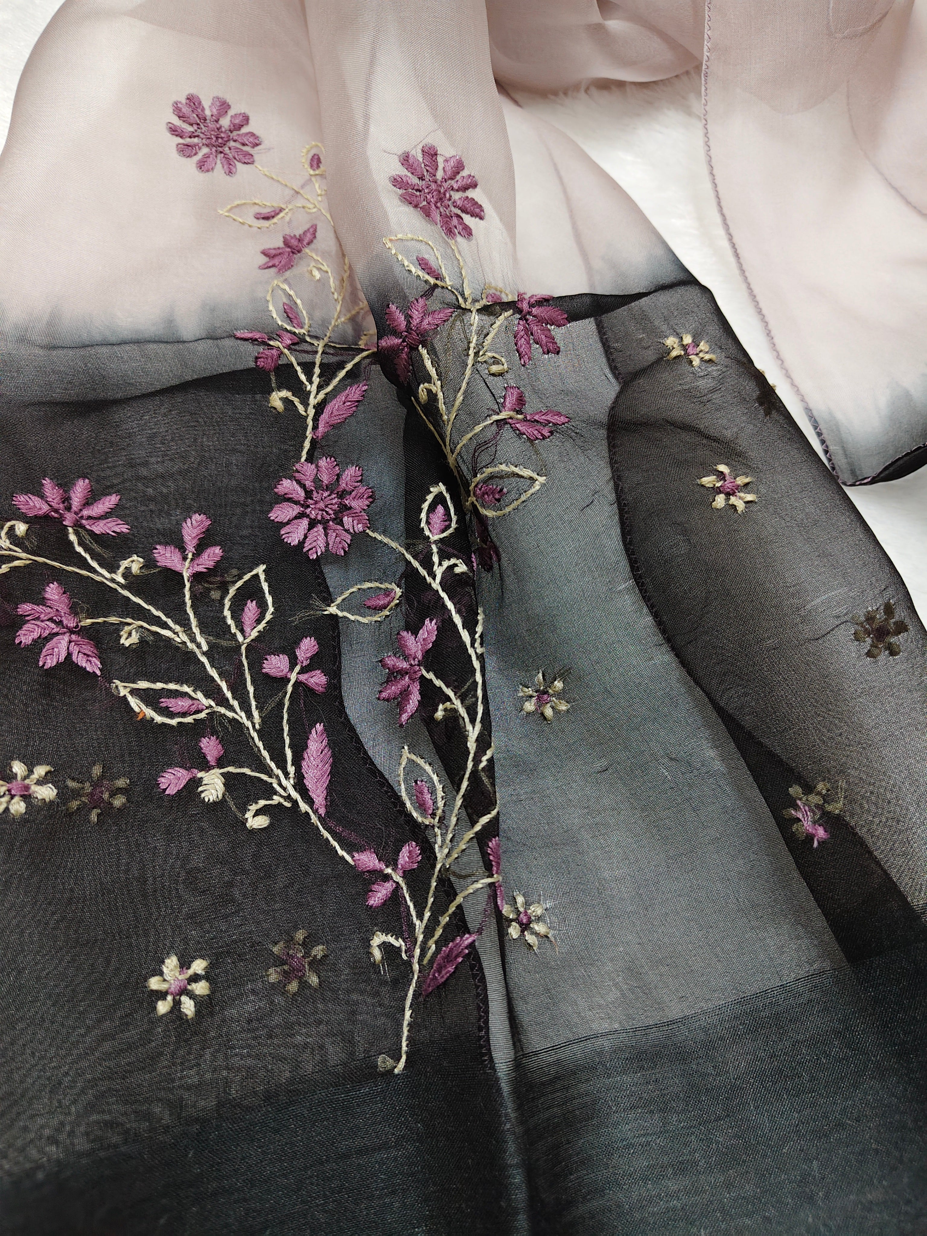 Plum Black | Organza Moonga Silk | Ombre Chikankari Stole
