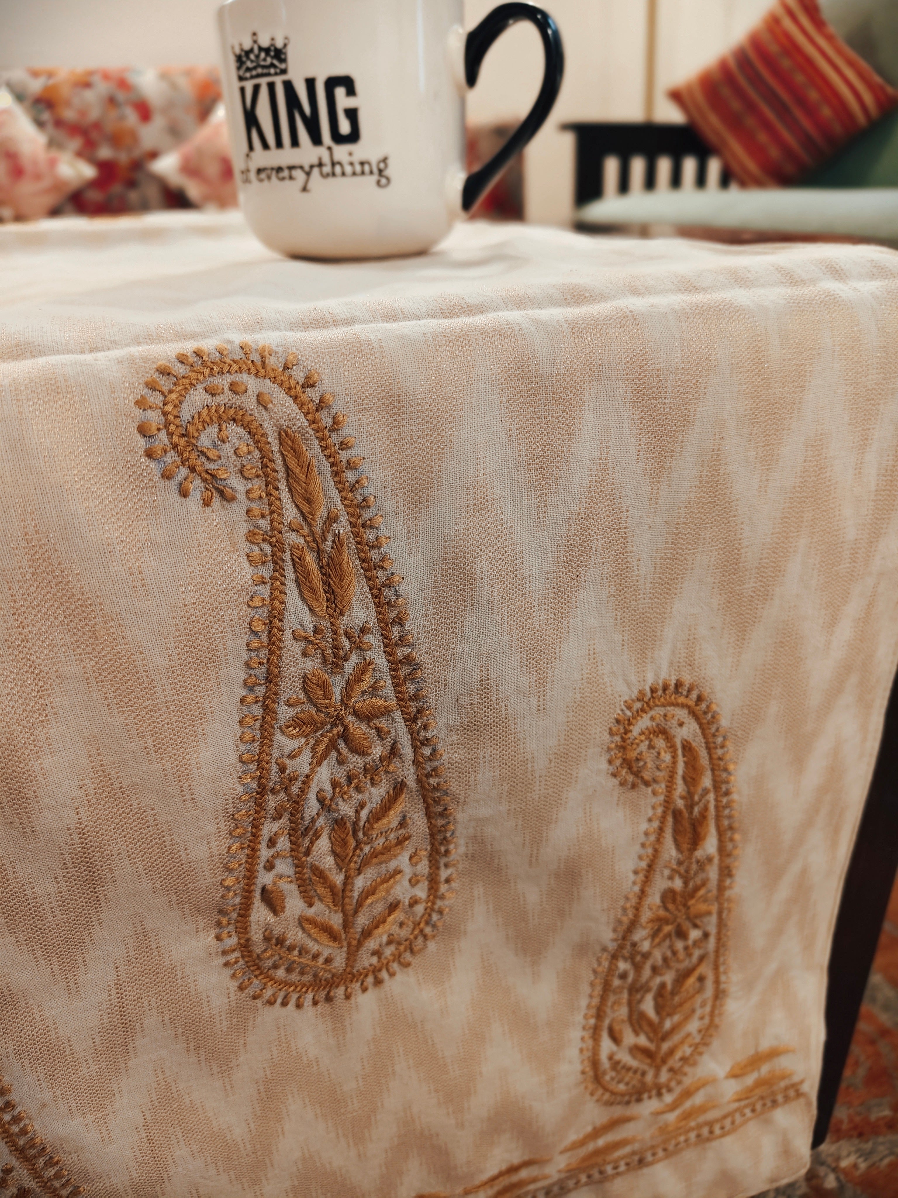 Beige Cotton Table Runner with Chikankari Embroidery