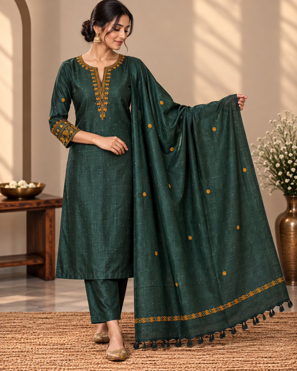 Bottle Green Tussar Silk | Chikankari Kurta-Dupatta Fabric Set