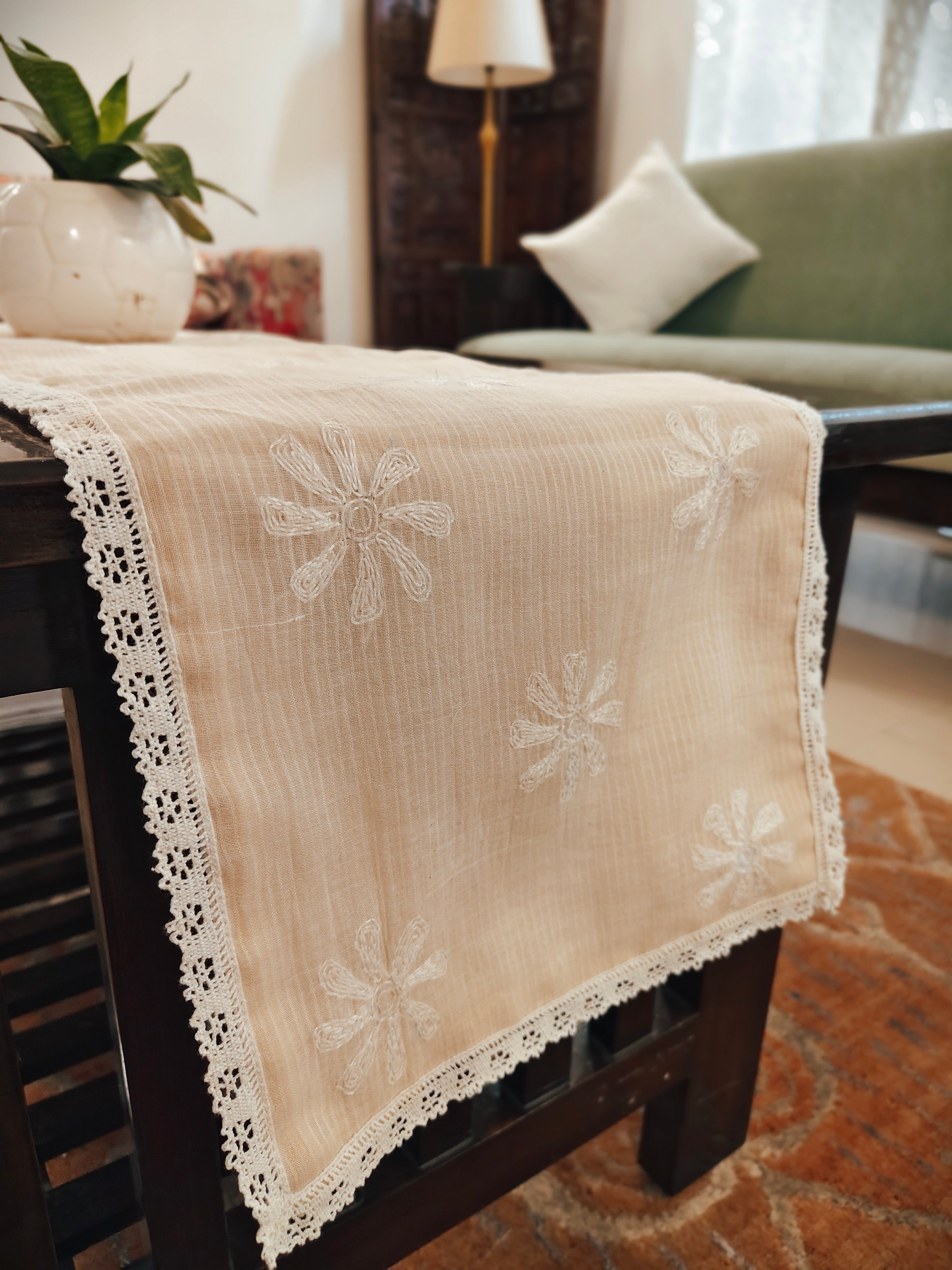 Mul Chanderi Chikankari Table runner