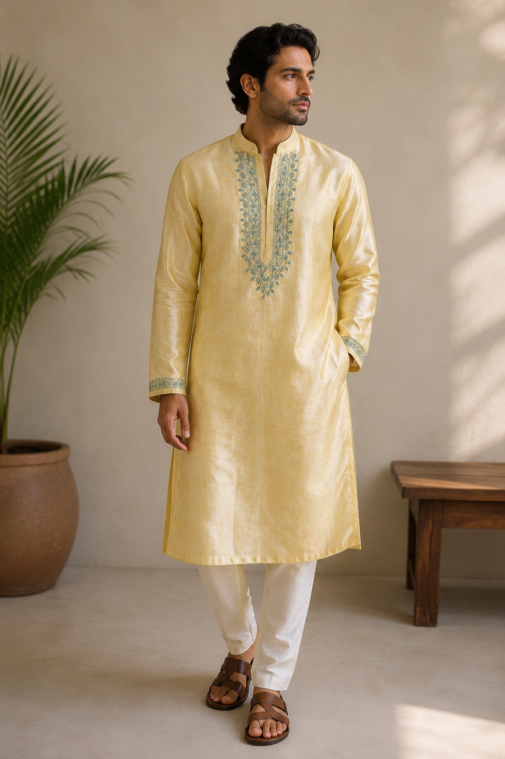 Agastya | Unstitched Tussar Silk Chikankari Kurta Fabric- Golden Yellow