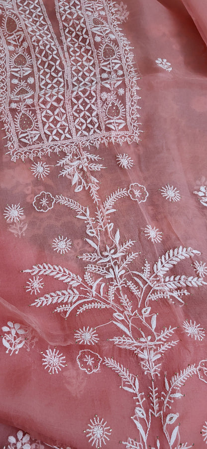 Pure Organza Silk Kurta Fabric along with Dupatta - Peach