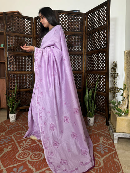 Chanderi Silk Chikankari Saree  (Lavendar)