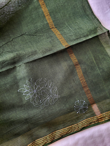 Chanderi Cotton Chikankari Dupatta (Bottle green)