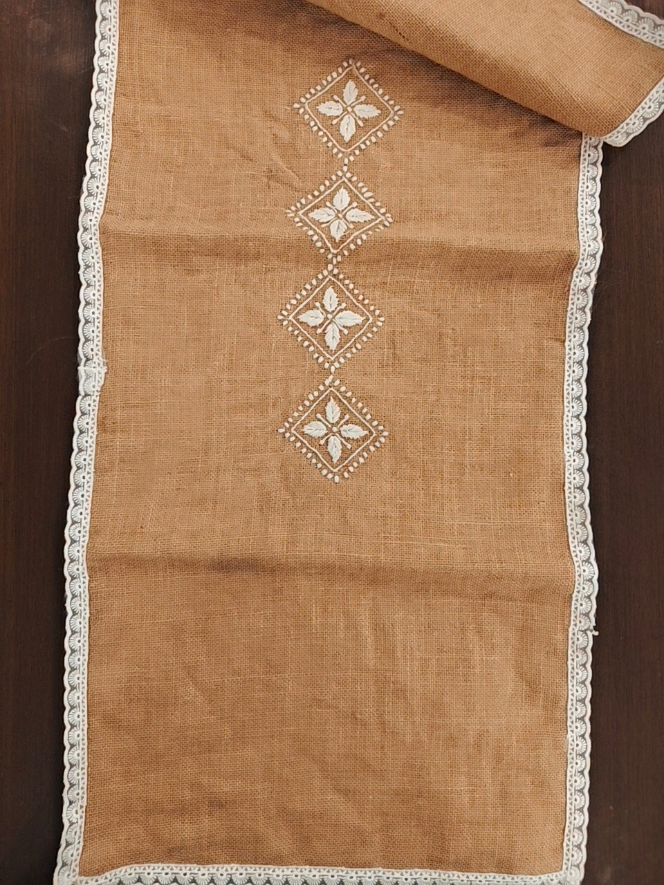 Handcrafted Burlap Jute Chikankari Table Runner with Lace Work