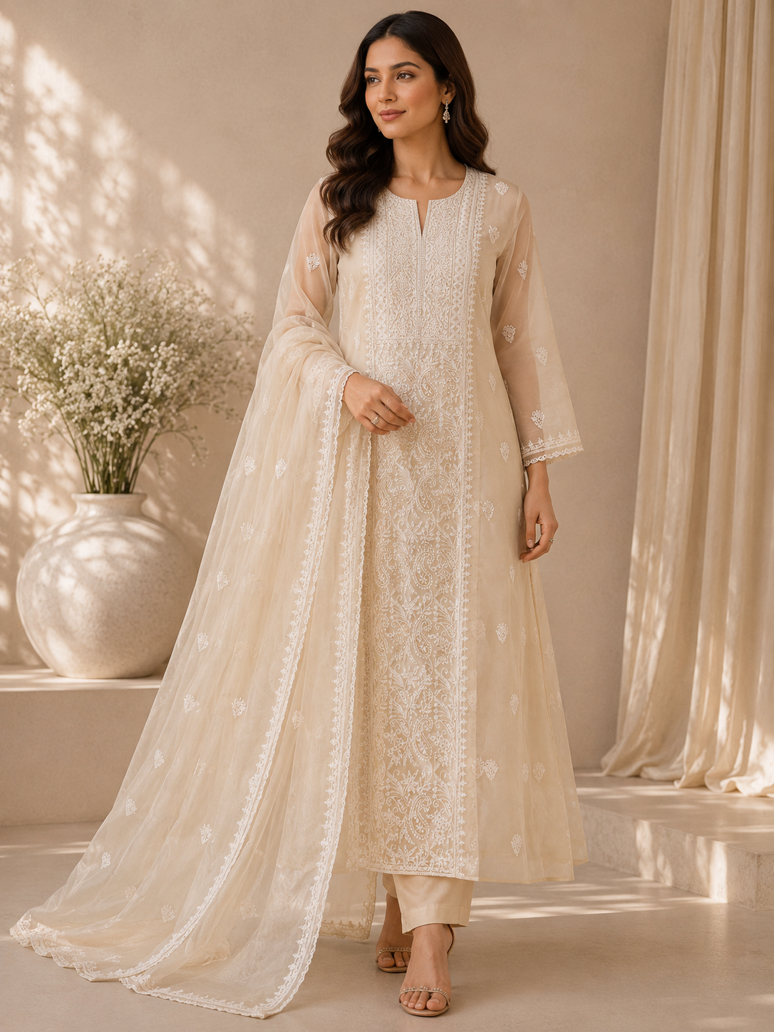 Unstitched Kurta Dupatta Fabric | Pure Organza | Latte Beige