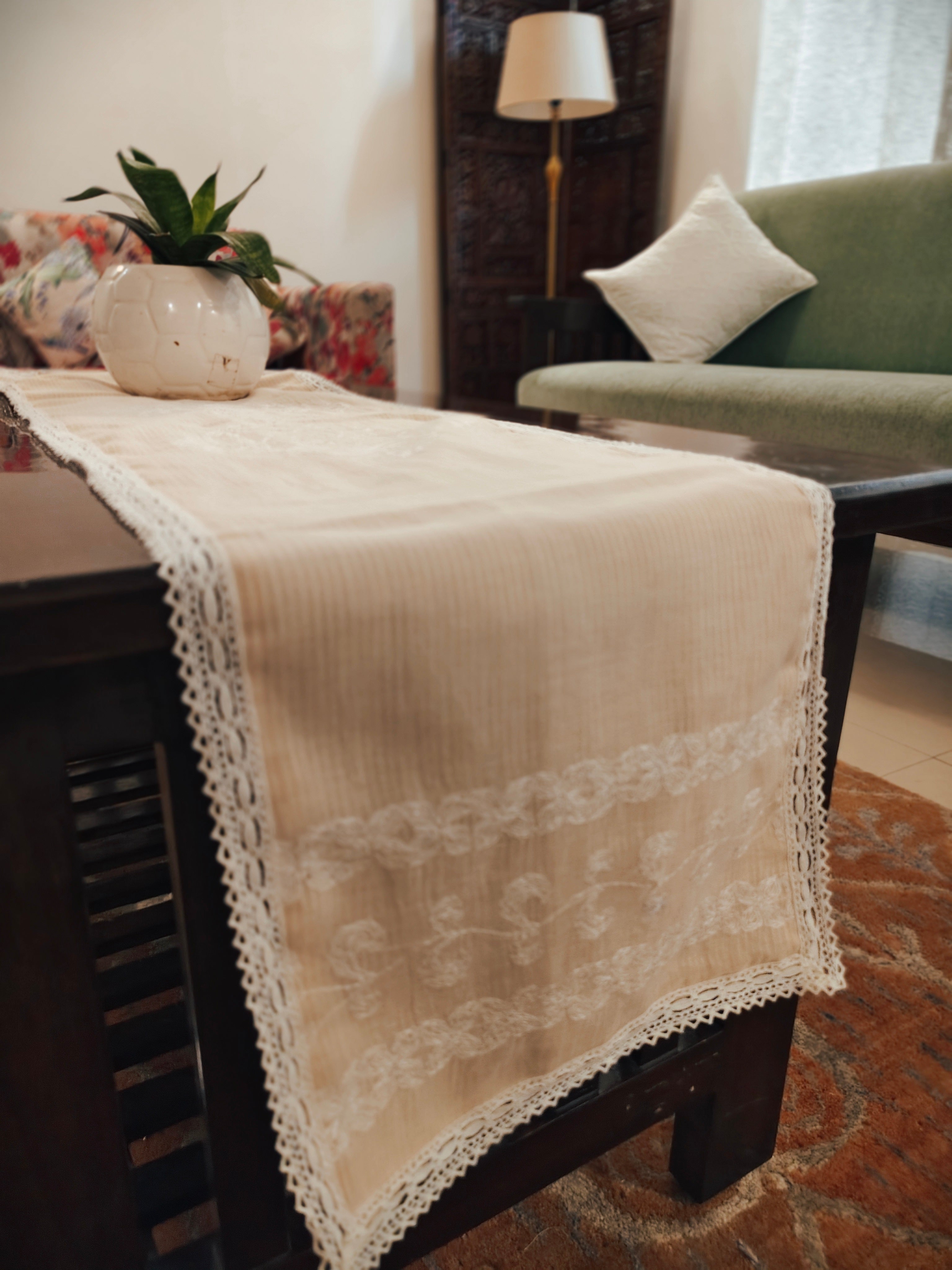 Mul Chanderi Chikankari Table Runner with lace Off white