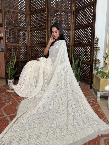 Pure Georgette Chikankari Skirt Saree with Badla-Dyeable (Off White )