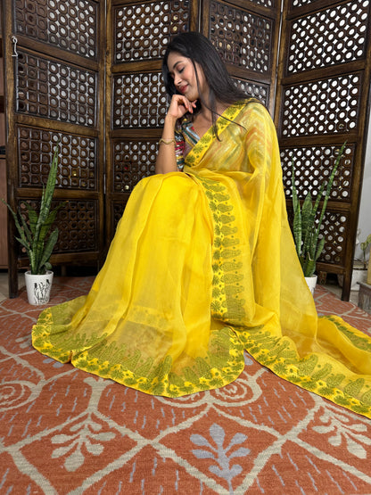 Organza Silk Chikankari Saree (Yellow)