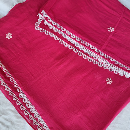 Mulmul cotton Chikankari Saree  (Rani Pink)