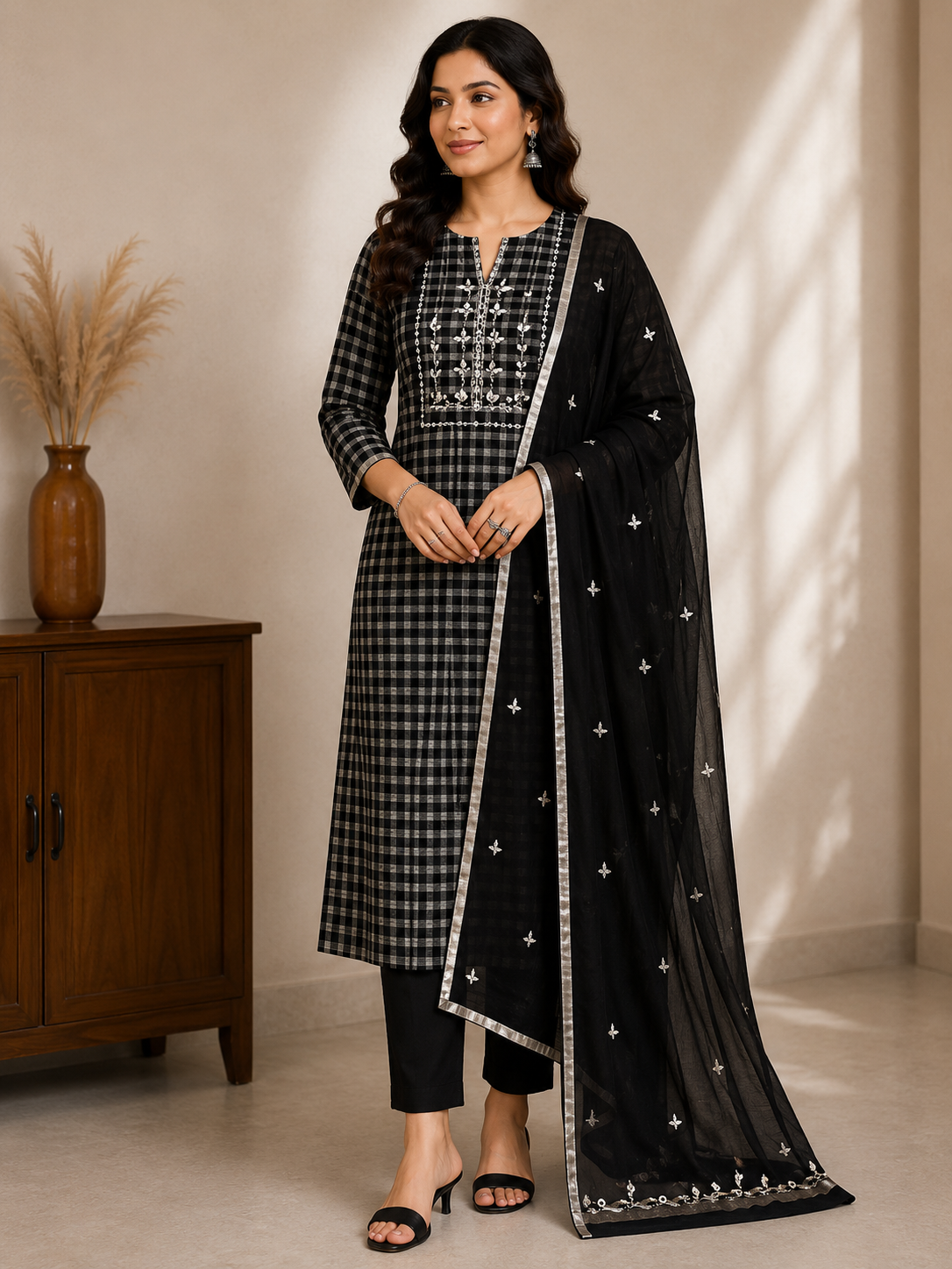 Unstitched Kurta Dupatta Fabric | Chanderi Tissue | Black