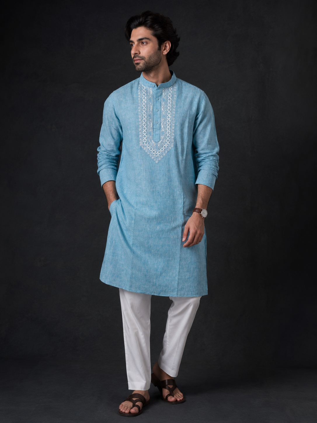 Men's Blue Linen Chikankari Long Kurta