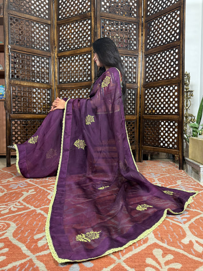 Organza Silk Chikankari Saree (Wine)