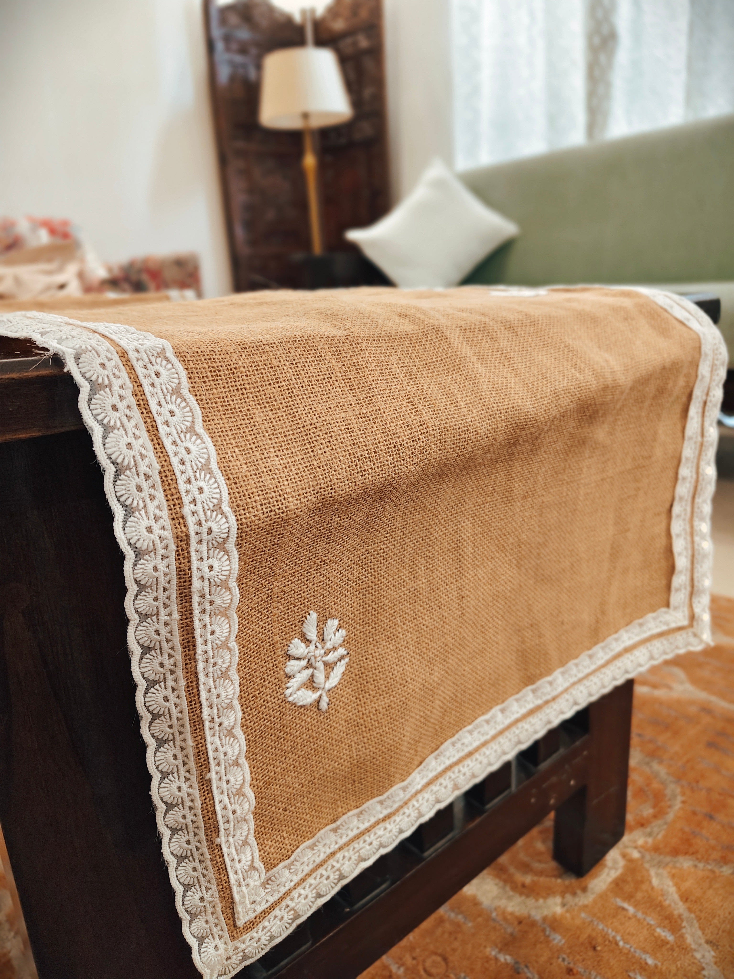 Handembroidered Burlap Jute Long Chikankari Table Runner with double Lace Work