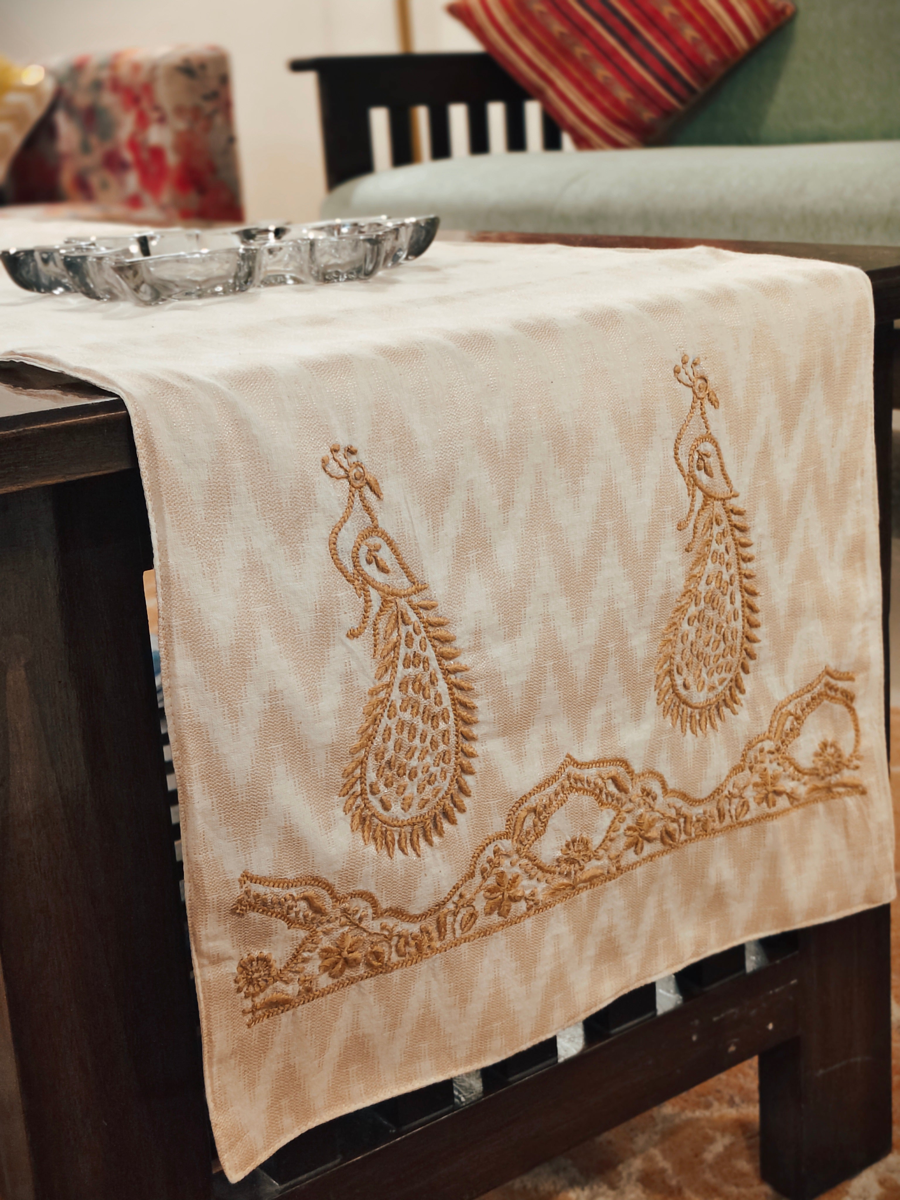 Beige Cotton Table Runner with Chikankari Peacock Embroidery