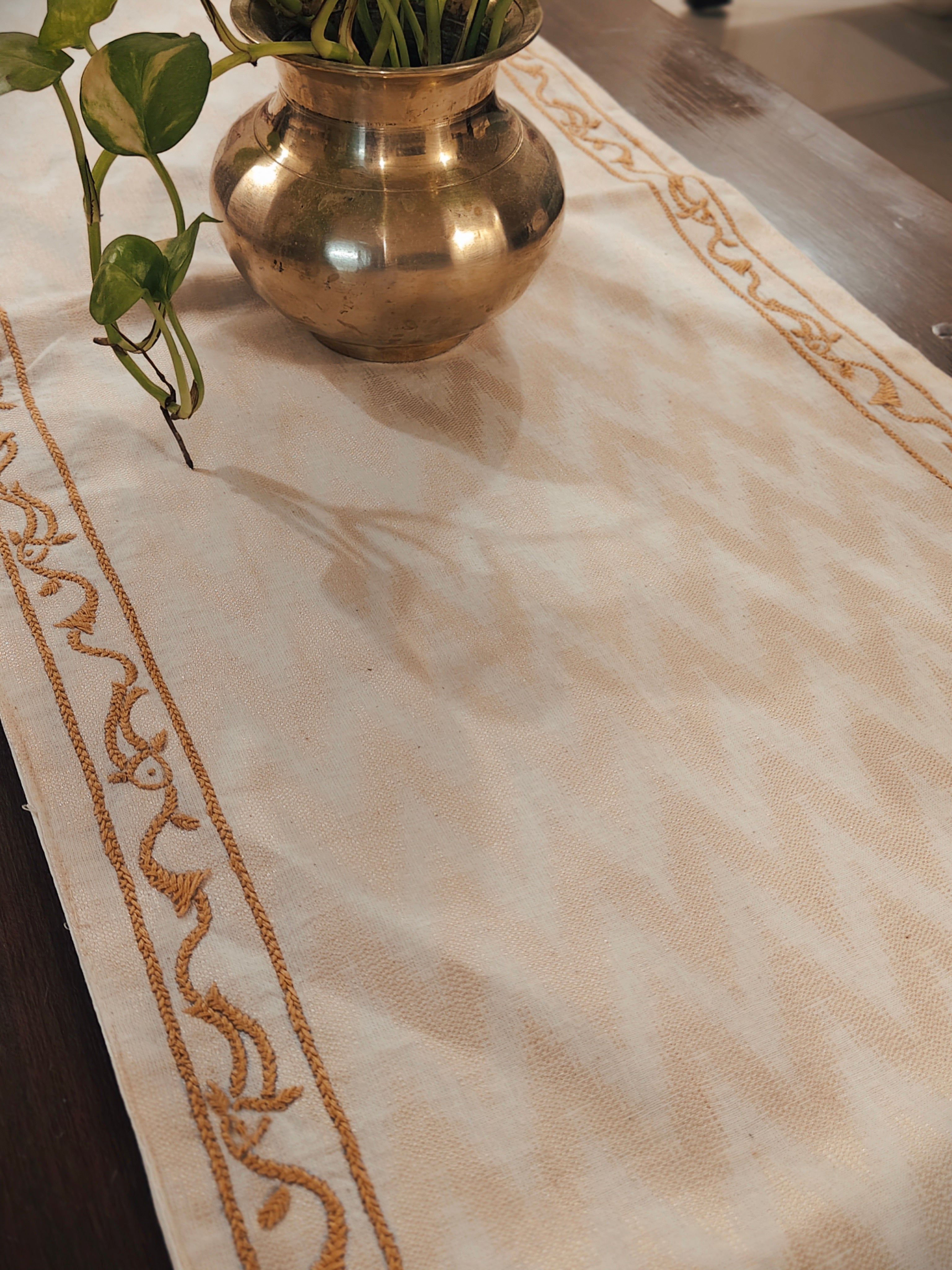 Beige Cotton Table Runner with Chikankari Fish Embroidery
