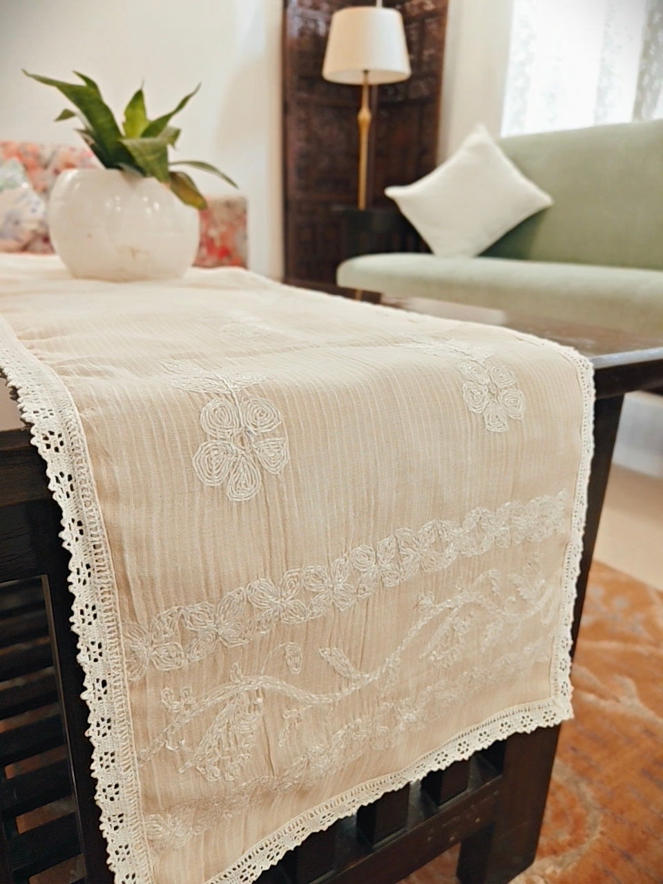 Mul Chanderi Off white Chikankari Table Runner with lace