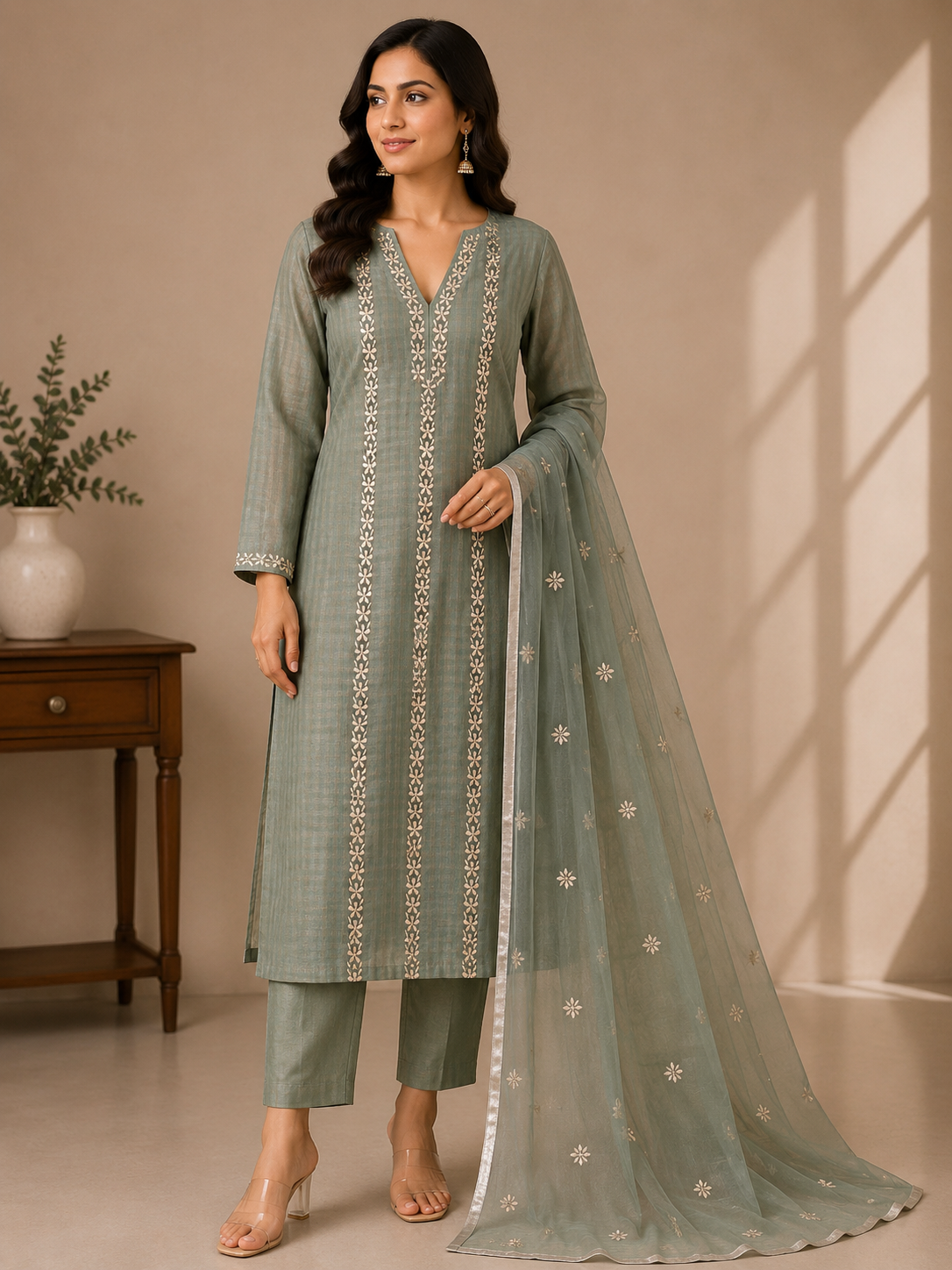 Unstitched Kurta Dupatta Fabric | Chanderi Tissue | Sage Green